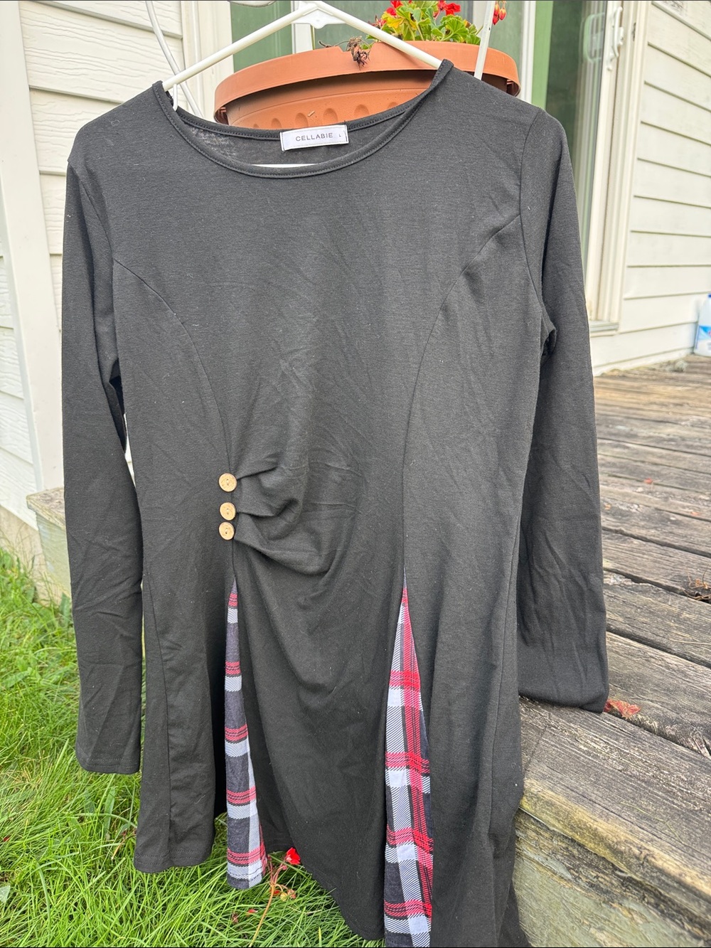 Black Long-Sleeve Tunic with Red Plaid Insets
